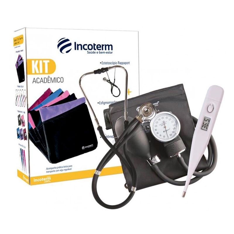 -Kit-Academico-Incoterm-Estetoscopio-Rappaport---Esfigmomanometro-Aneroide---Termometro-Digital---Bolsa