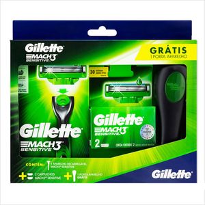 Kit Gillette Mach3 Sensitive Aparelho De Barbear + 2 Cartuchos + Porta Aparelho Grátis
