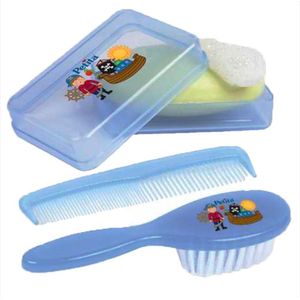 Kit Petita Banho Azul Escova De Cabelo + Pente + Saboneteira