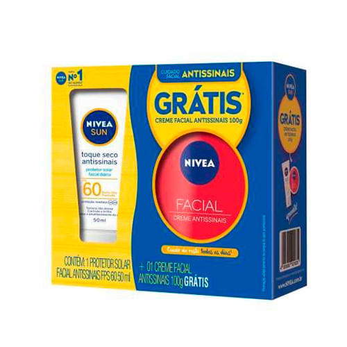 -Protetor-Solar-Facial-Nivea-Sun-Toque-Seco-Fps60-50ml---Creme-Antissinais-Nivea-100g