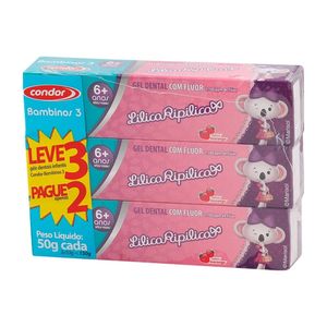 Gel Dental Infantil Condor Lilica Ripilica Com Flúor 6+ Anos 3 Unidades De 50g