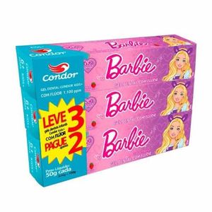 Gel Dental Infantil Condor Barbie Com Flúor 6+ Anos Morango 3 Unidades De 50g
