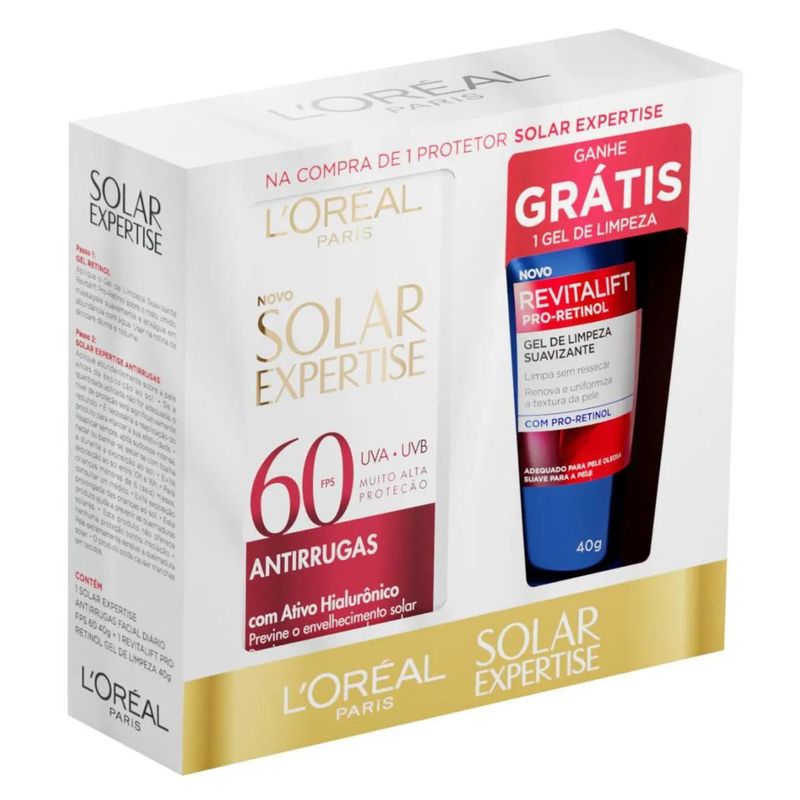1115103.​Kit-LOreal-Protetor-Solar-Expertise-Antirrugas-FPS60-40g-Gel-de-Limpeza-Revitalift-Pro-Retinol-40g