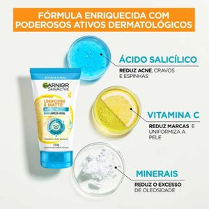 Gel De Limpeza Garnier Uniform & Matte Antiacne 3 Em 1 120g