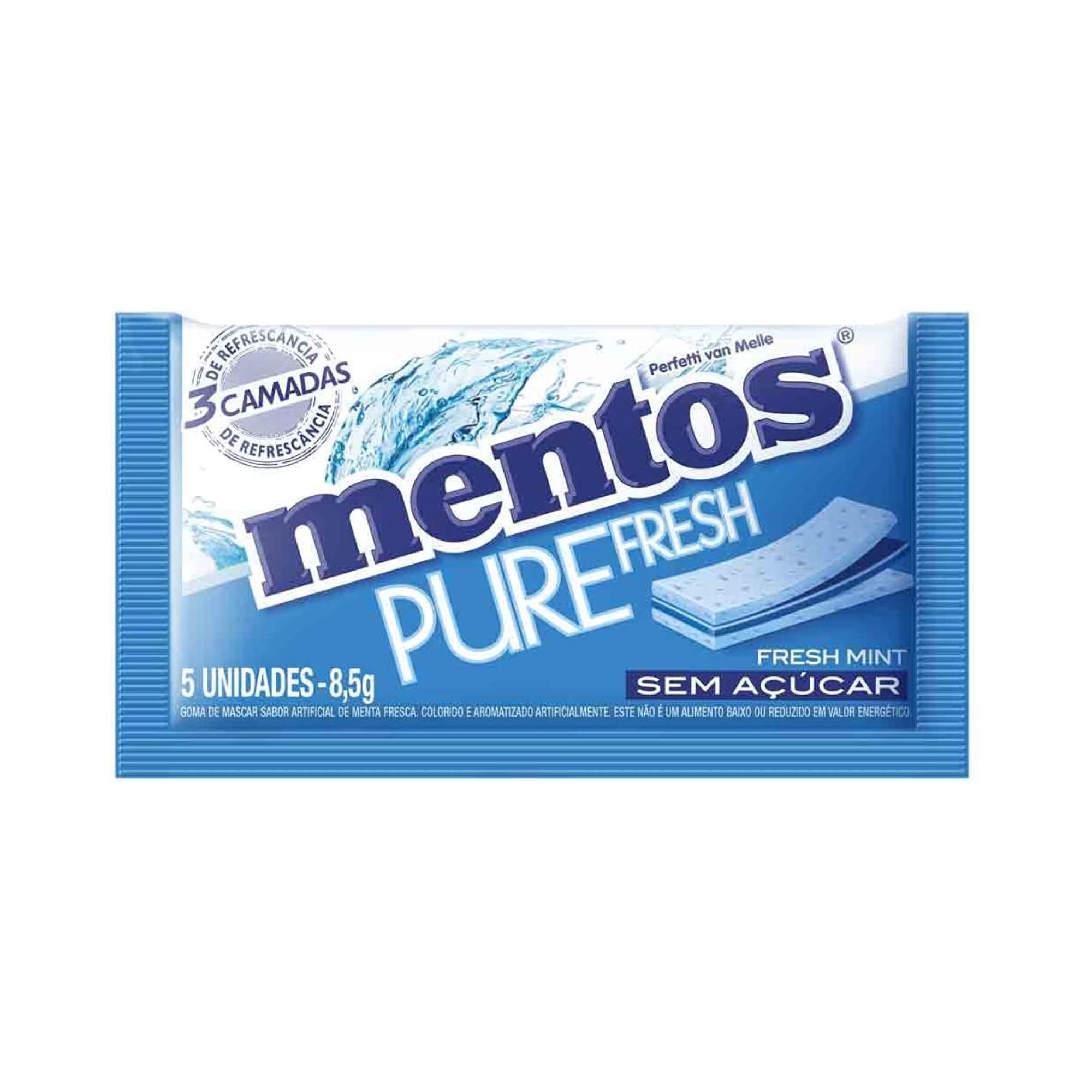 Goma de Mascar Menta Fresca Zero Açúcar com 3 Camadas de Refrescância Mentos Pure Fresh Envelope 8,5g 5 Unidades